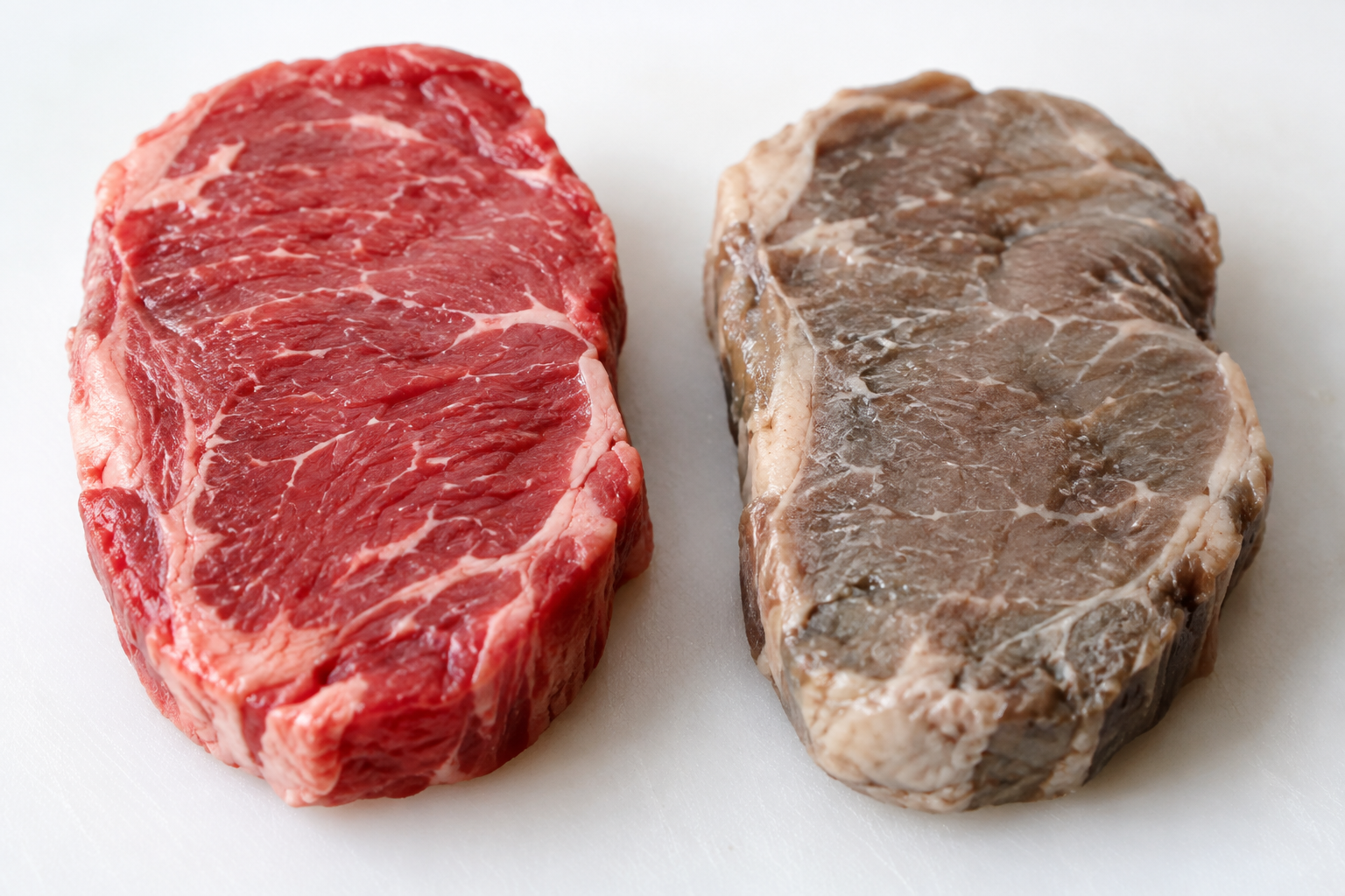 Comparison of fresh red meat versus discolored grayish meat showing spoilage signs