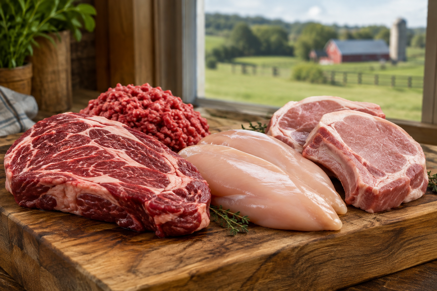 How to Compare Meat Subscription Boxes With Grocery-Store Meat 6 Assortment of raw meat cuts on a butcher block representing sourcing and selection