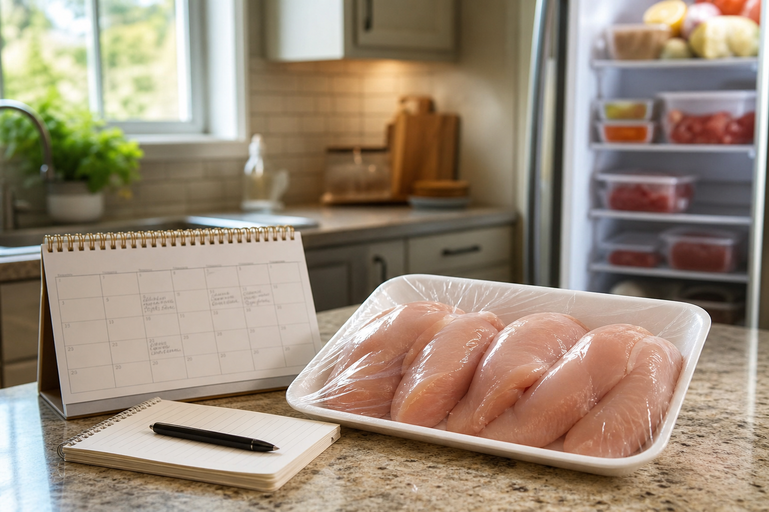 Meal planning with a family pack of meat and a calendar on a kitchen counter