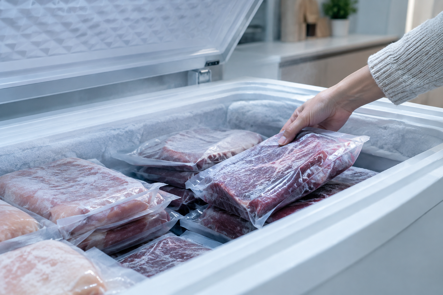 How to Compare Meat Subscription Boxes With Grocery-Store Meat 7 Hand reaching into a freezer filled with vacuum-sealed frozen meat packages