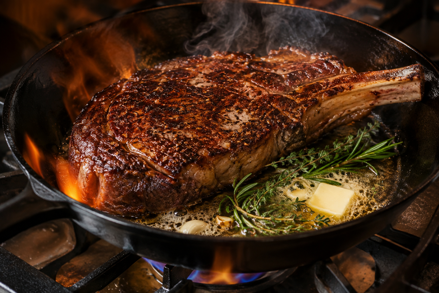 Bone-In Ribeye vs Boneless Ribeye: Which Gives You More Steak? 8 Bone-in ribeye steak searing in a cast iron skillet with butter and herbs
