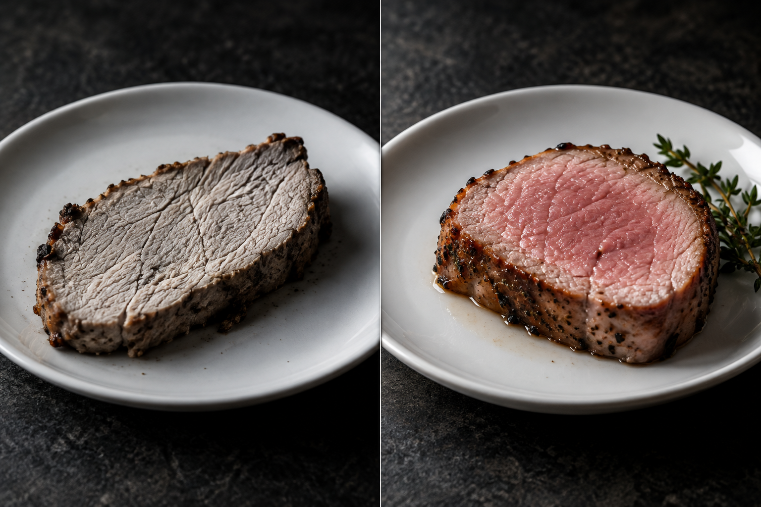 Comparison of overcooked dry pork versus perfectly cooked juicy pork