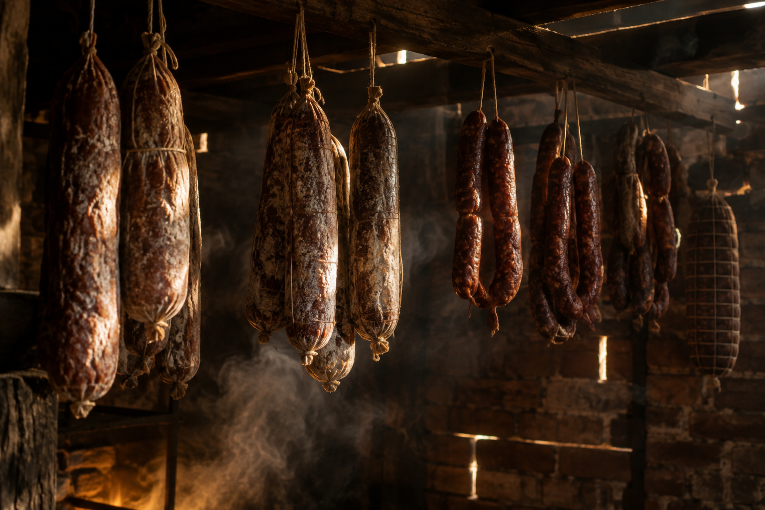 Sausages and salami hanging in a smokehouse during the curing process