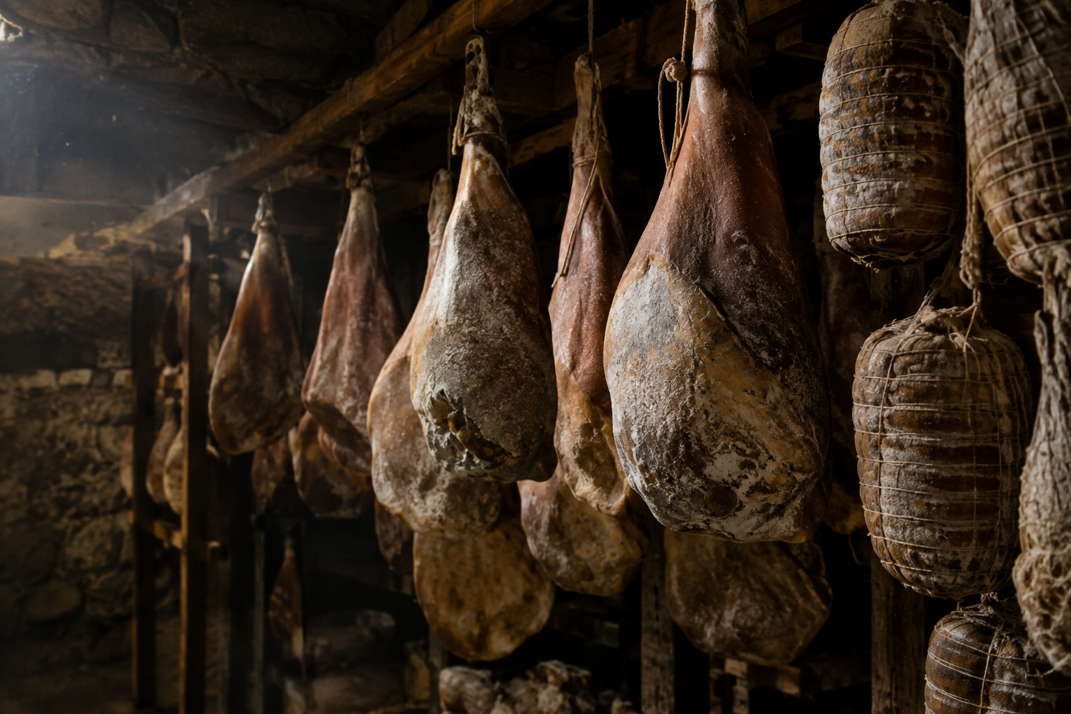 Capicola vs Prosciutto: Flavor, Cut, Curing, and Best Uses 4 Cured pork legs and rolled capicola hanging in a traditional aging cellar