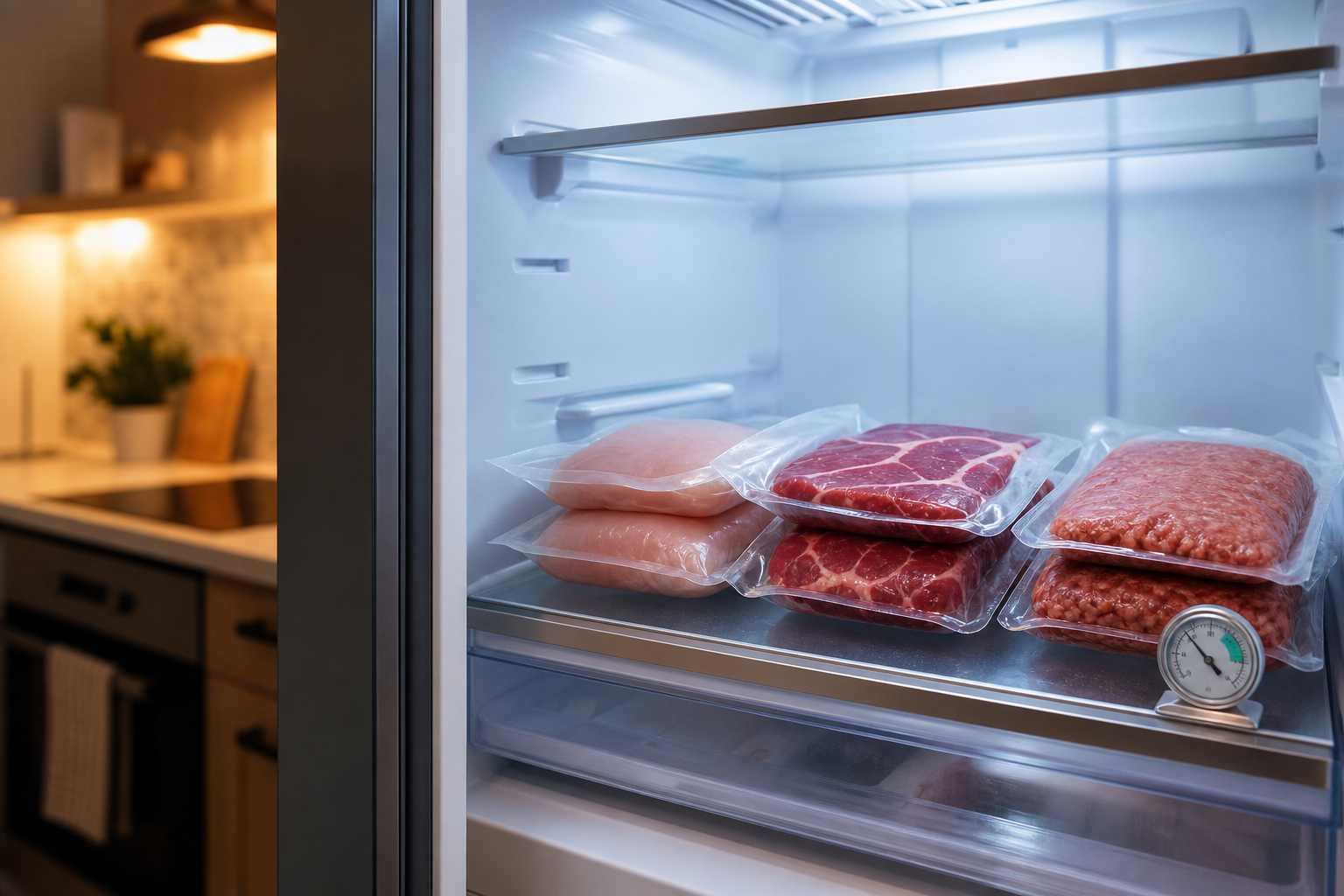 Organized refrigerator shelf with meat packages stored properly with a thermometer nearby