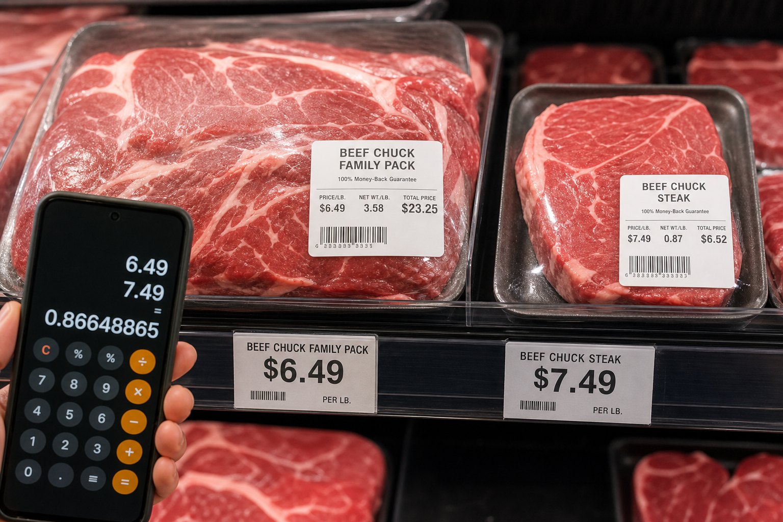 Comparing unit prices of large and small meat packages in a grocery store