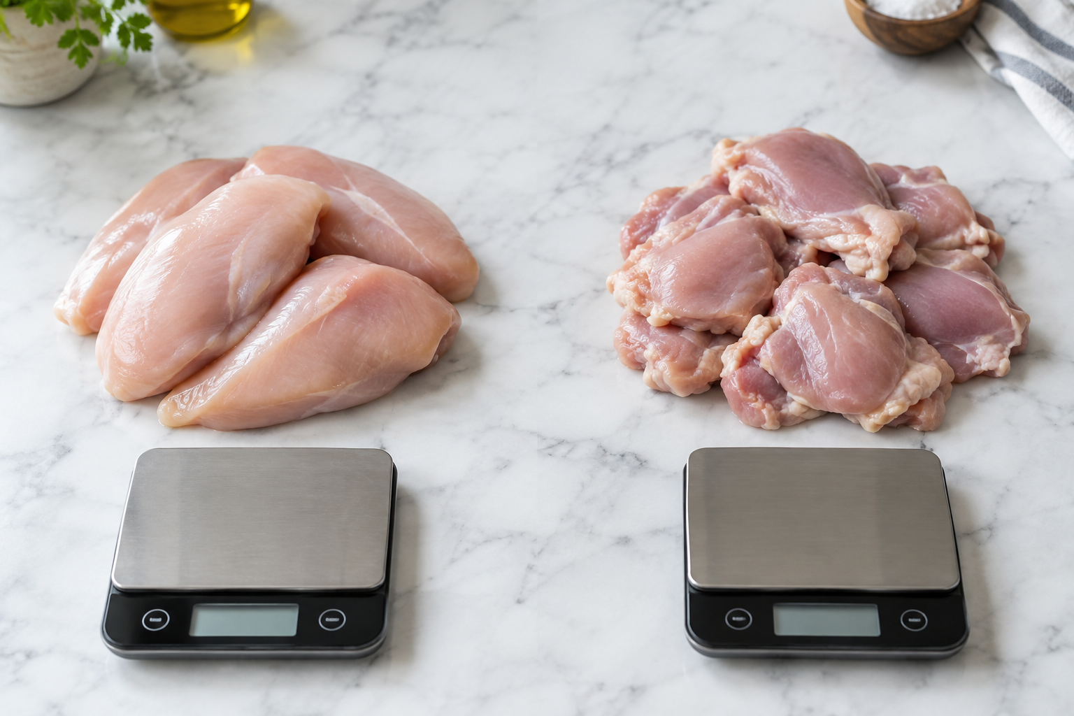 Raw chicken breasts and thighs on a kitchen scale comparing yield