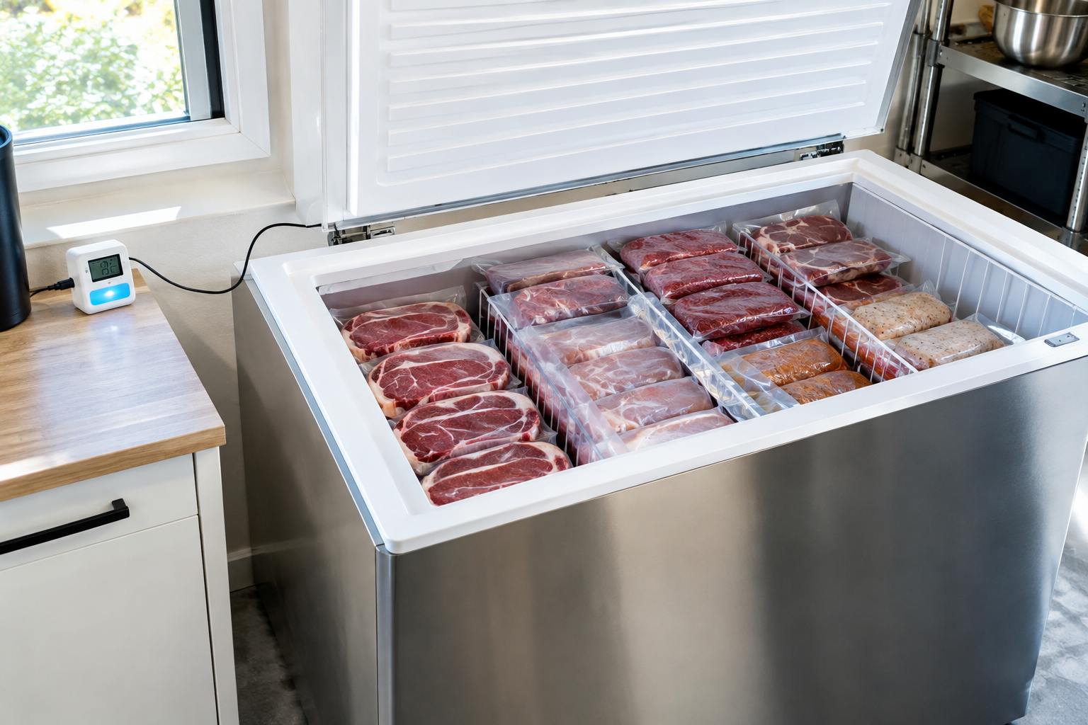 When Buying Meat in Bulk Is Actually More Expensive 6 Organized freezer full of portioned meat packages with an energy monitor nearby
