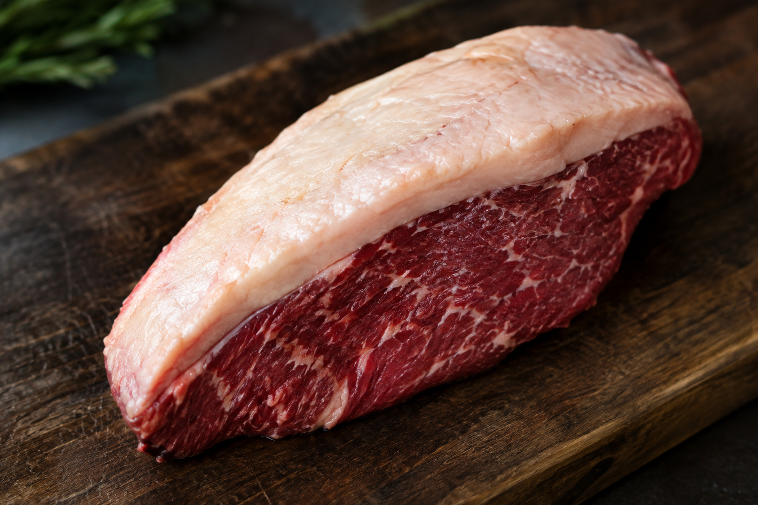 Picanha vs Ribeye: Which Steak Gives Better Eating Value? 6 Raw picanha steak showing its thick fat cap on a wooden cutting board