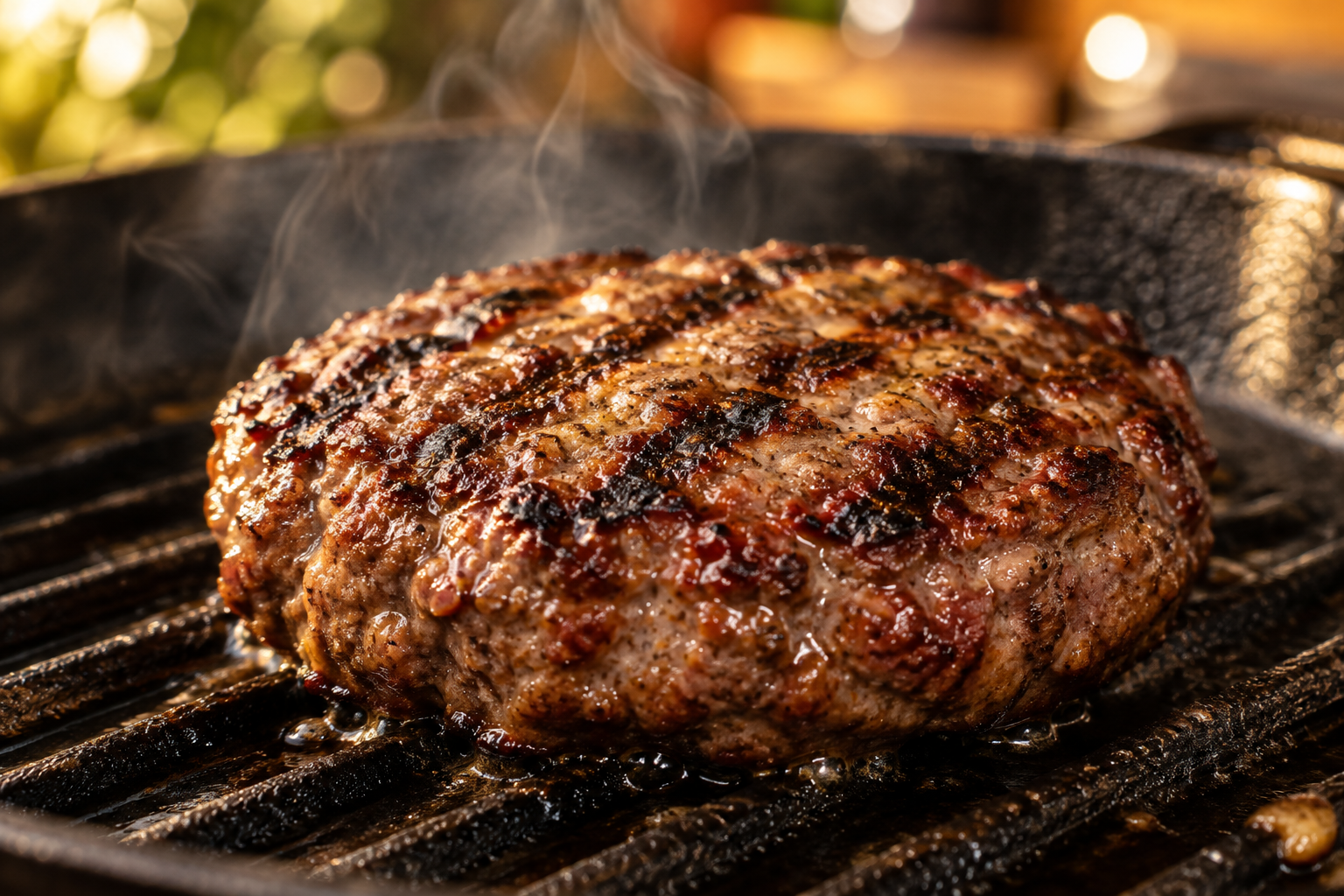 Juicy grilled beef burger patty with charred grill marks