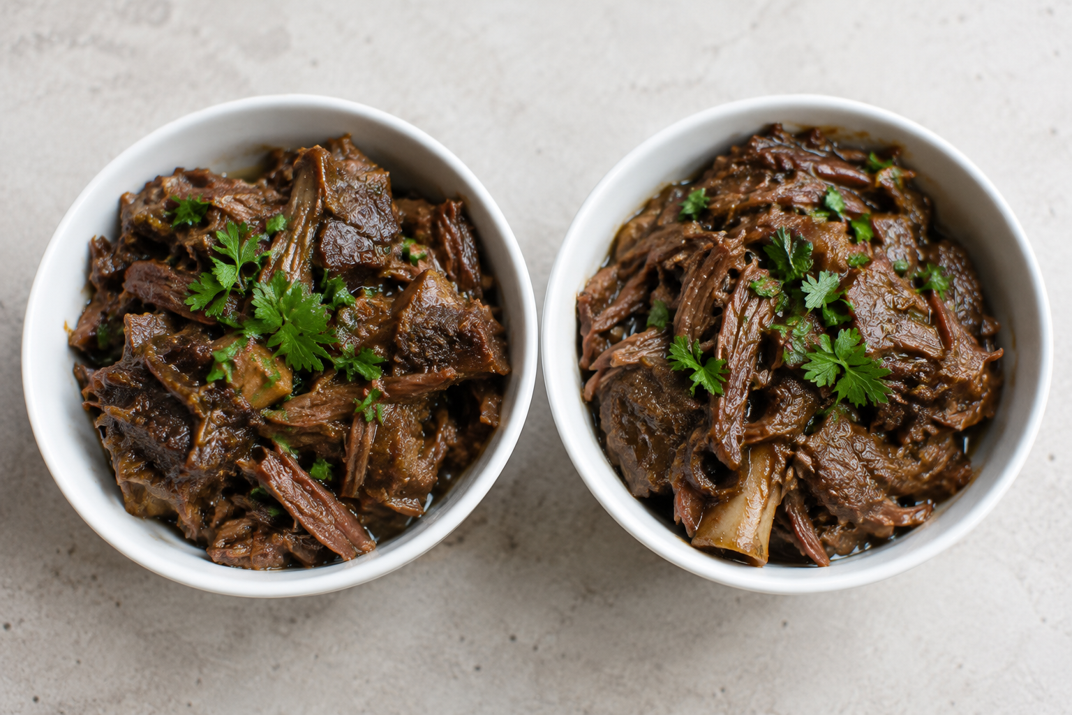 Oxtail vs Beef Shank: Which Gives You More Meat for a Braise? 8 Two bowls comparing shredded braised oxtail and beef shank meat