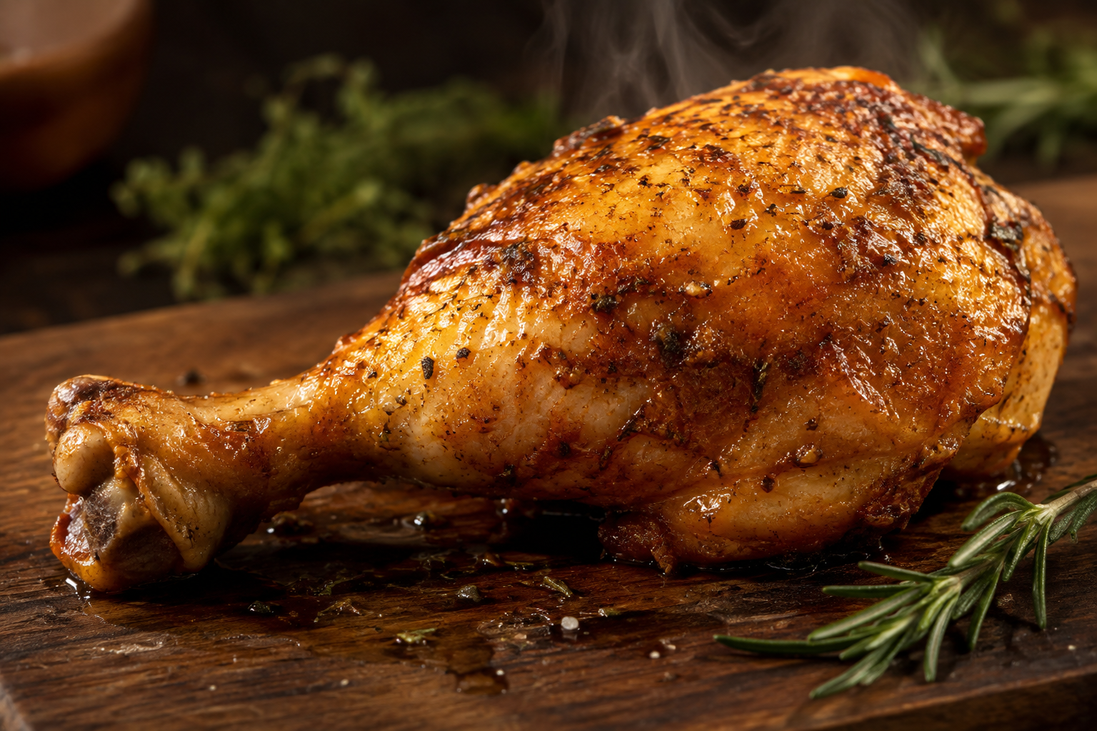 Close-up of a juicy roasted bone-in chicken leg with crispy golden skin