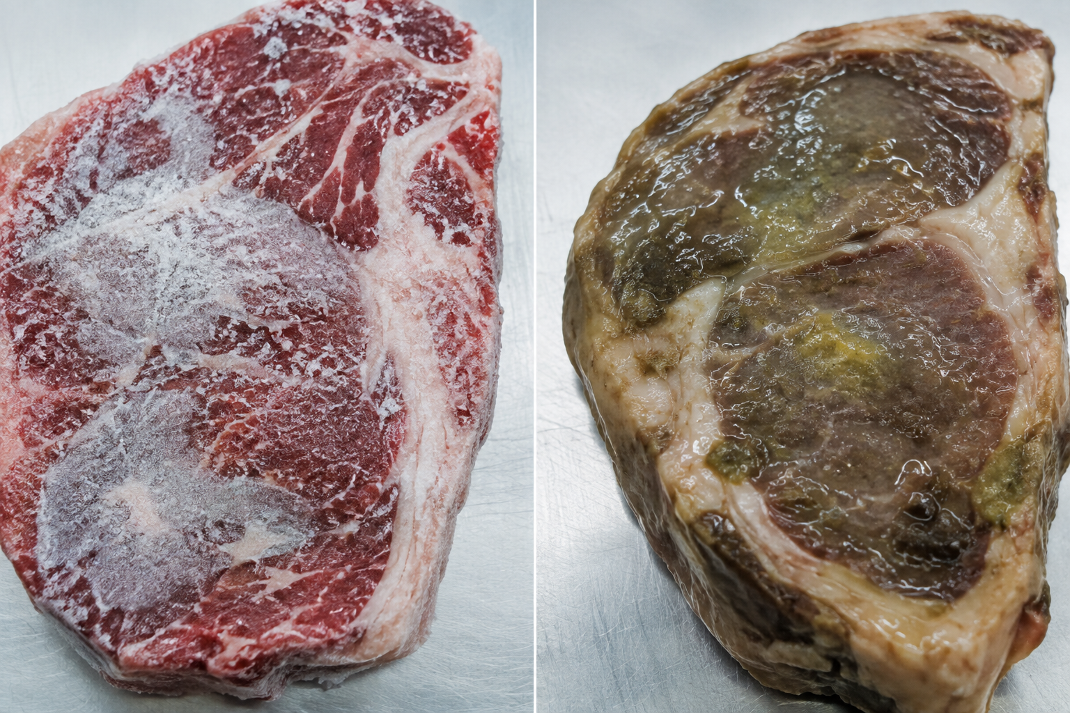 Why Is Steak Brown in the Fridge? When Color Is Normal and When It Isn't 9 Side-by-side comparison of freezer-burned steak and spoiled steak textures