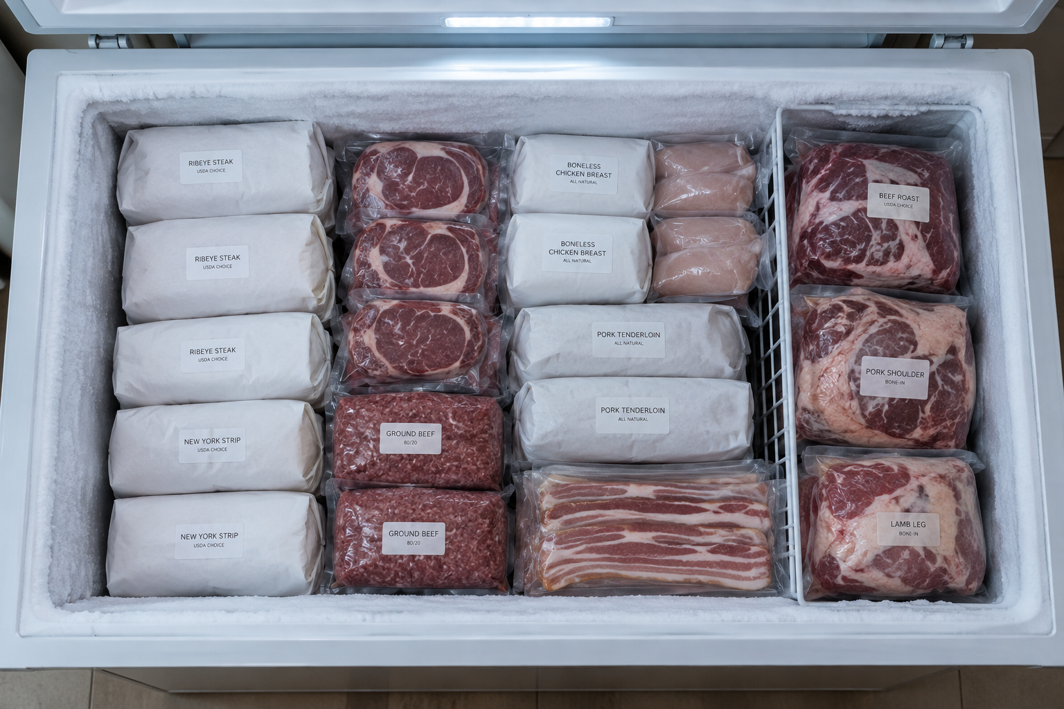 Buying Meat in Bulk: When the Lower Price per Pound Really Saves Money 6 Chest freezer packed full of vacuum-sealed bulk meat packages