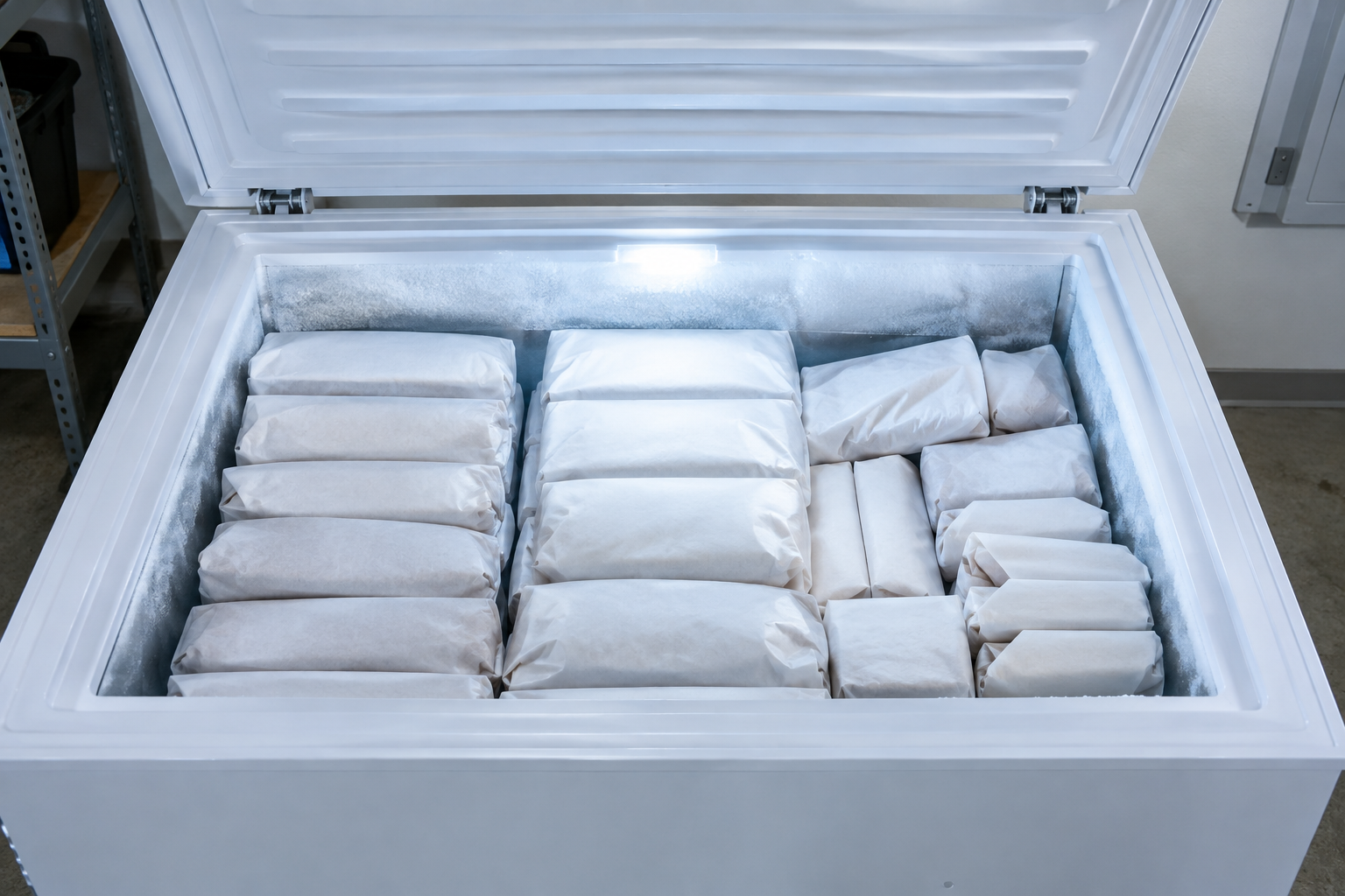 How Much Meat Do You Get From a Quarter Cow? Yield, Cuts, and Freezer Space 9 Chest freezer filled with neatly wrapped beef packages showing freezer space needed for a quarter cow