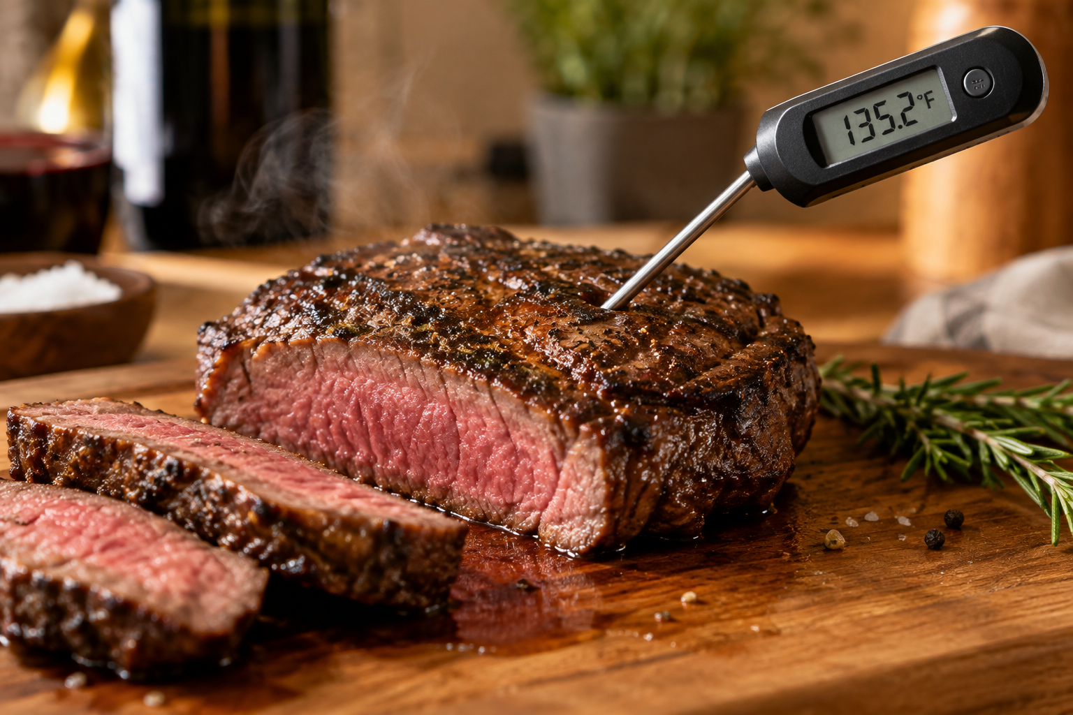 What Is Merlot Steak? Where It Comes From and How to Cook It 7 Meat thermometer checking the internal temperature of a Merlot steak