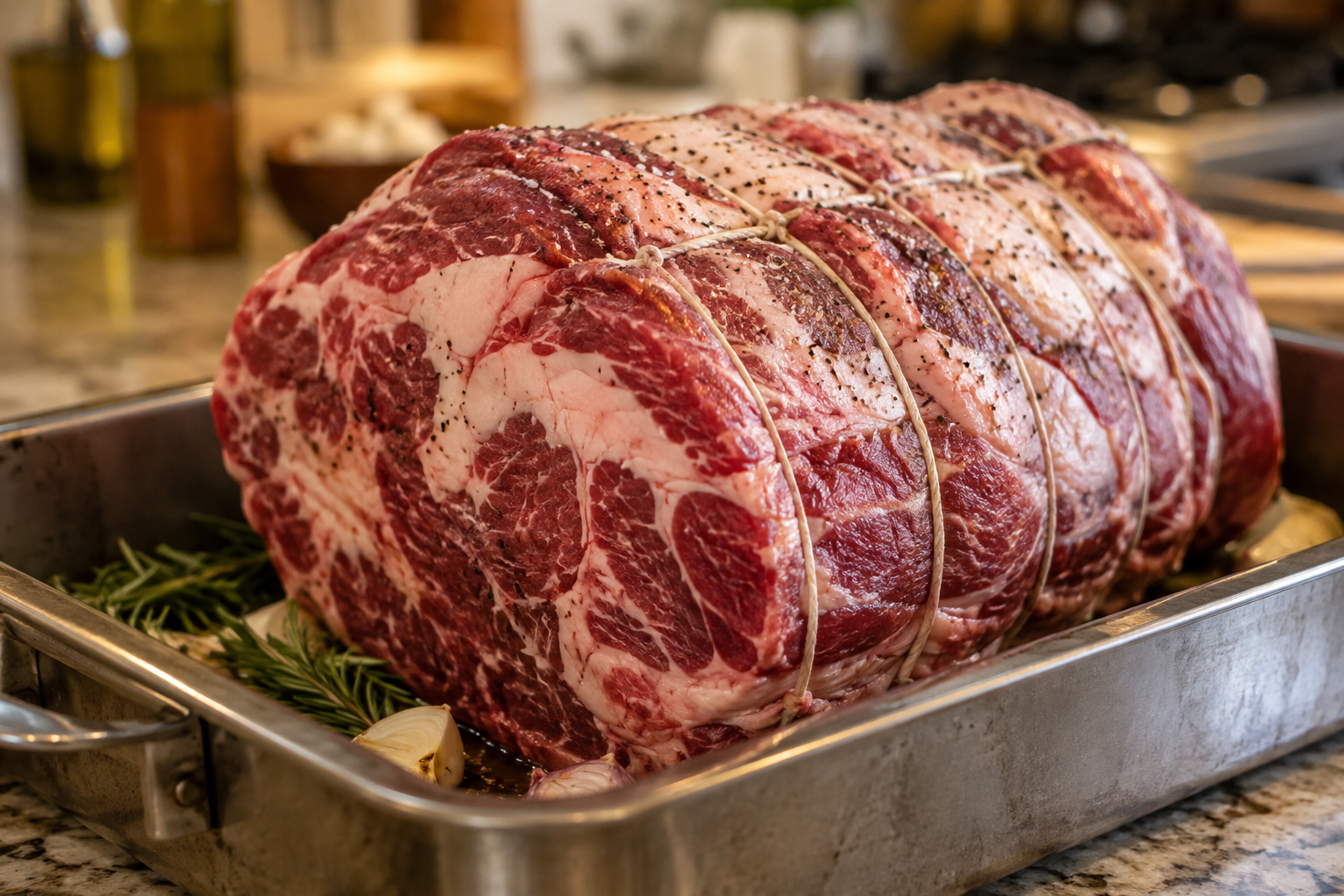 Large tied roast of beef sitting in a roasting pan on a kitchen counter