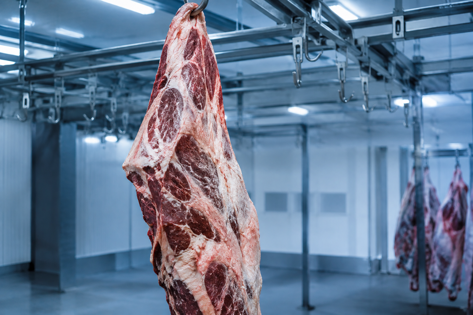 Beef carcass hanging in a processing facility representing hanging weight