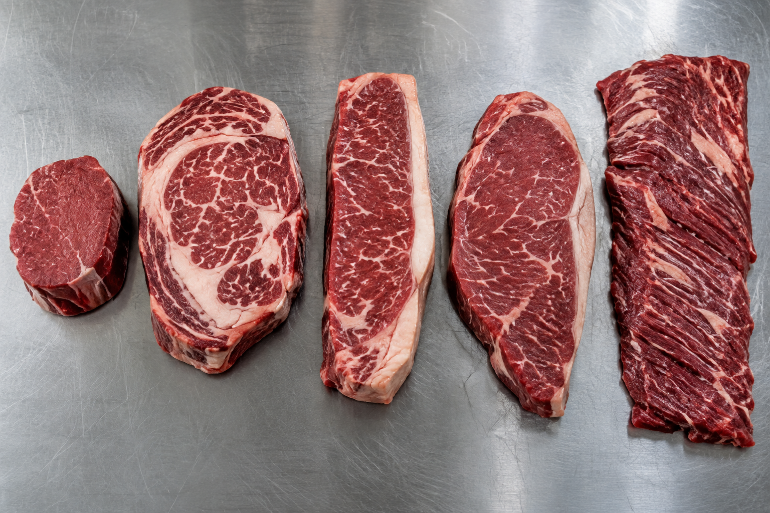 Different raw steak cuts arranged for comparison of size and marbling