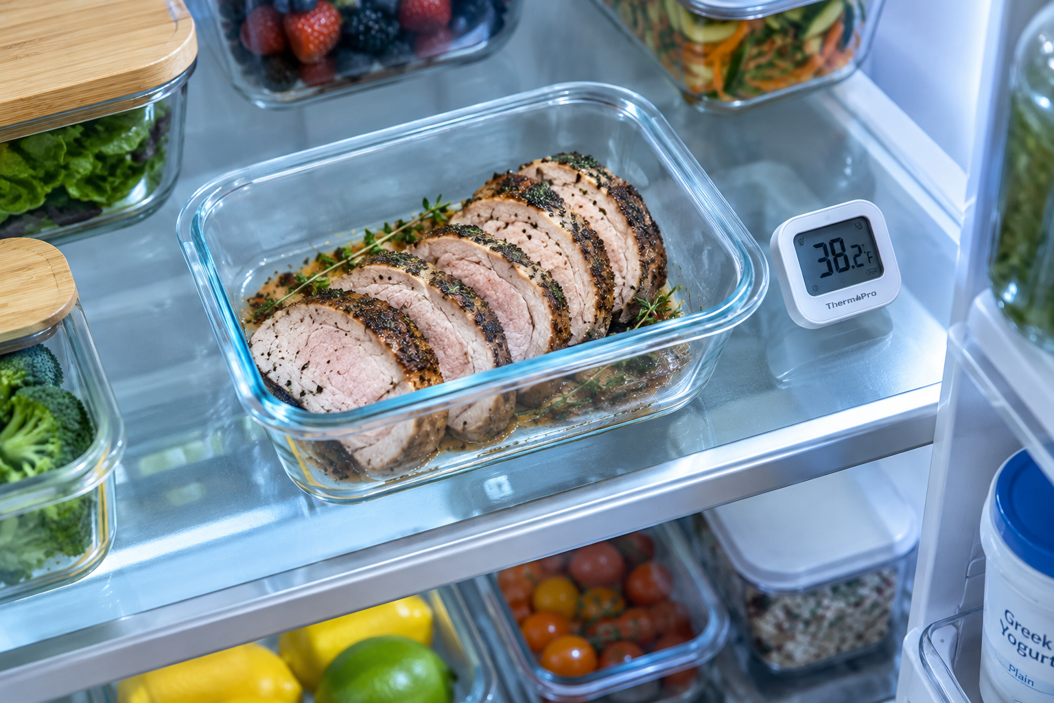 How Long Can Cooked Pork Stay in the Fridge? 5 Cooked pork stored in a glass container inside a refrigerator