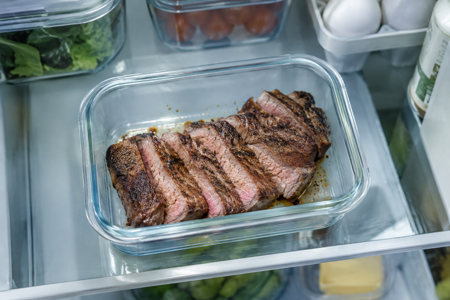 How Long Can Cooked Steak Stay in the Fridge? 6 Cooked steak stored in an airtight glass container inside a refrigerator