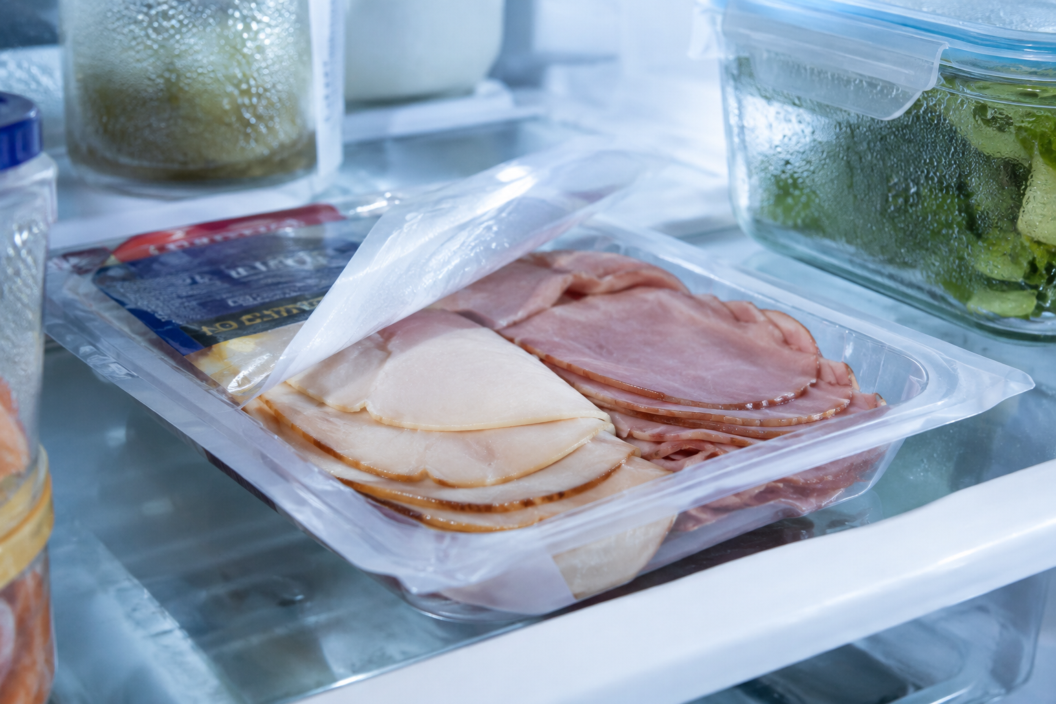 How Long Can Deli Meat Stay Open in the Fridge? 6 Open package of sliced deli meat stored on a refrigerator shelf