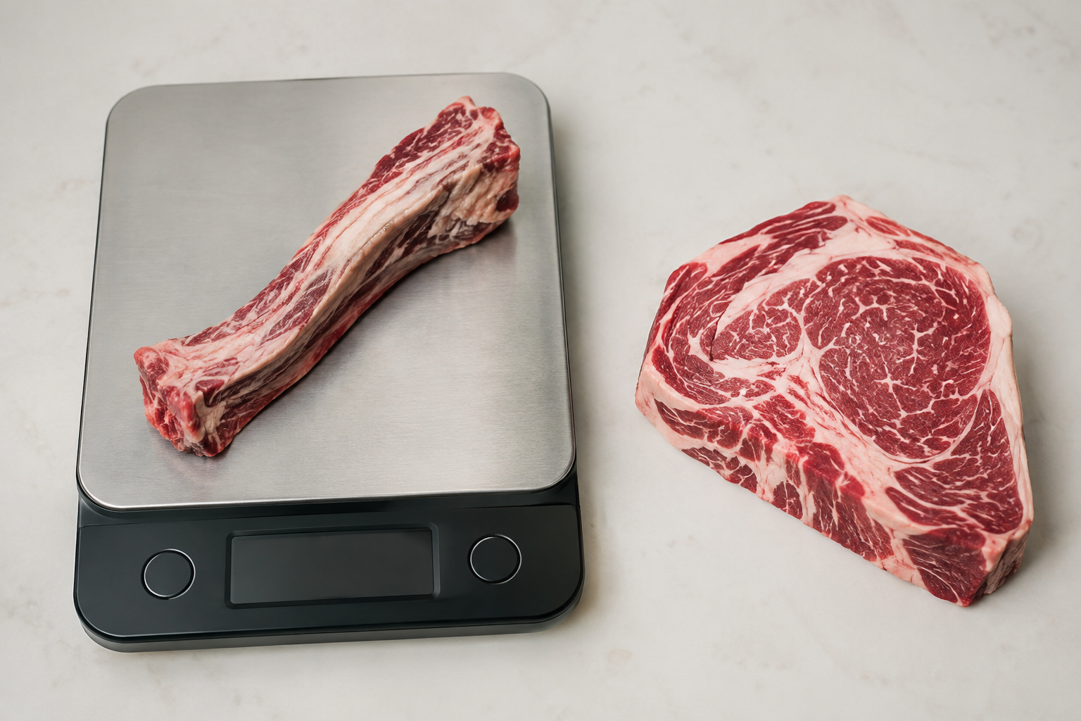 Bone-In Ribeye vs Boneless Ribeye: Which Gives You More Steak? 7 Rib bone being weighed on a kitchen scale next to ribeye meat