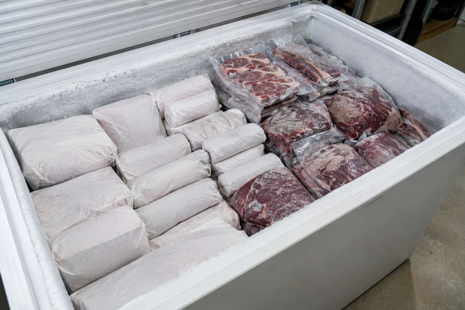 How Much Freezer Space Do You Need for a Half Cow? 6 Chest freezer filled with organized packages of frozen beef from a half cow