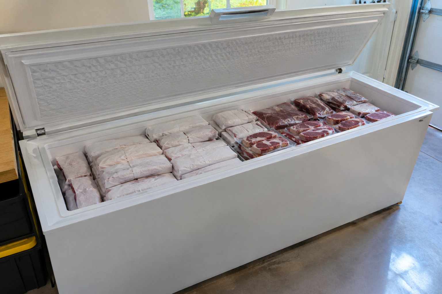 How Much Freezer Space Do You Need for a Whole Cow? 7 Chest freezer filled with packaged beef cuts showing storage capacity