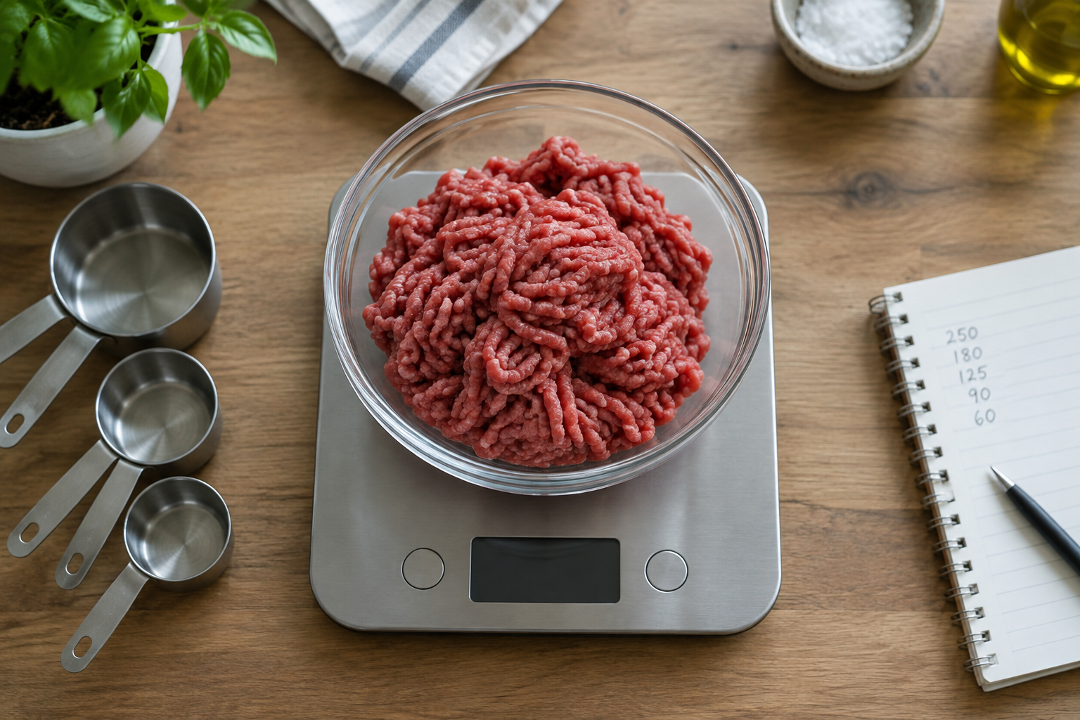 How Much Ground Beef Per Person? Burgers, Tacos, Meatballs, and More 6 Raw ground beef being weighed on a kitchen scale to determine portion size
