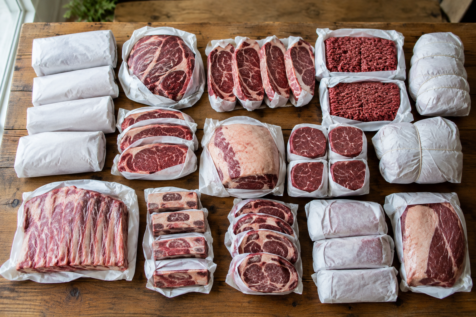 How Much Freezer Space Do You Need for a Quarter Cow? 6 Assorted beef cuts wrapped in butcher paper representing a quarter cow order