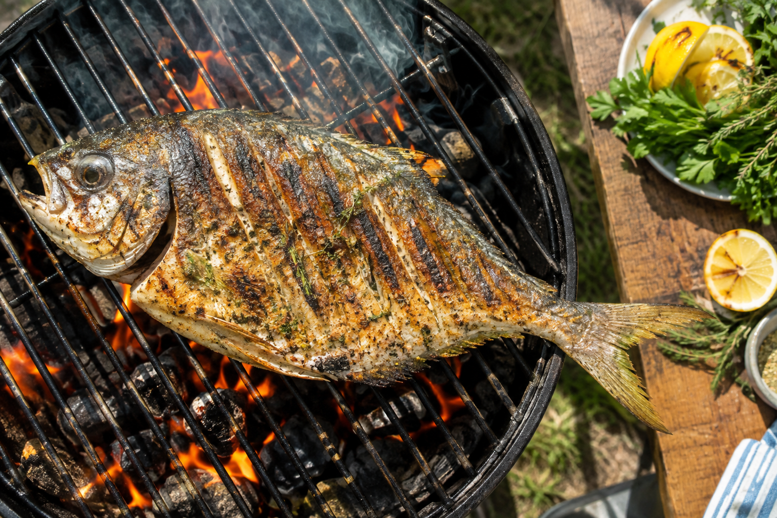 What Does Pompano Taste Like? Flavor, Texture, and Cooking Tips 8 Whole pompano fish grilling over charcoal with visible grill marks