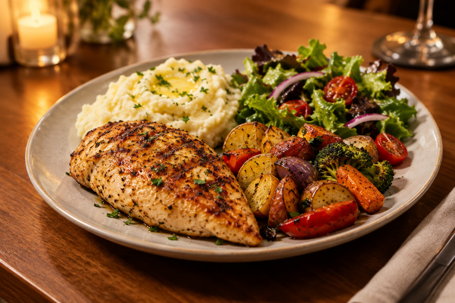 How Much Chicken Breast Per Person? Raw vs Cooked Weight Guide 8 Grilled chicken breast plated with side dishes like vegetables and potatoes