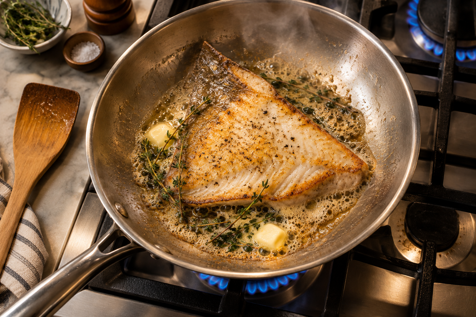 What Does Skate Wing Taste Like? Flavor, Texture, and How It Is Cooked 9 Skate wing fillet pan-frying in butter with fresh thyme