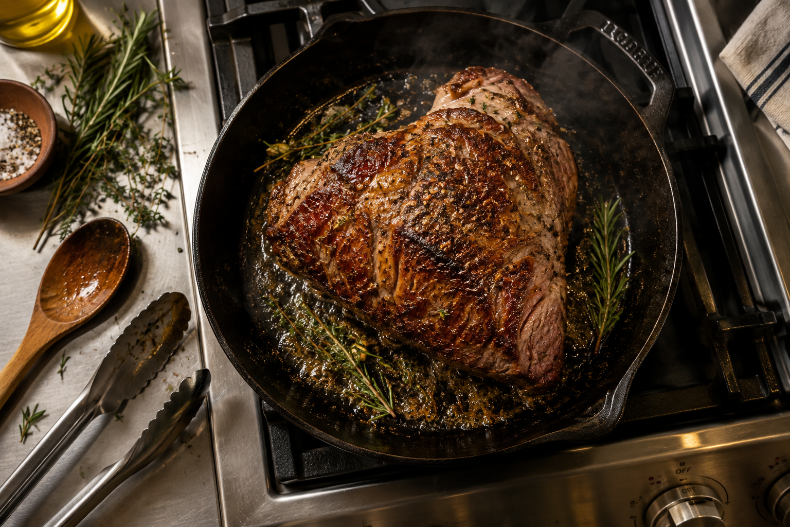 Beef clod heart roast searing in a cast iron skillet with herbs and butter