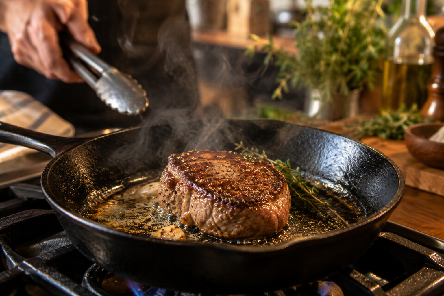 Petite tender steak searing in a cast iron skillet