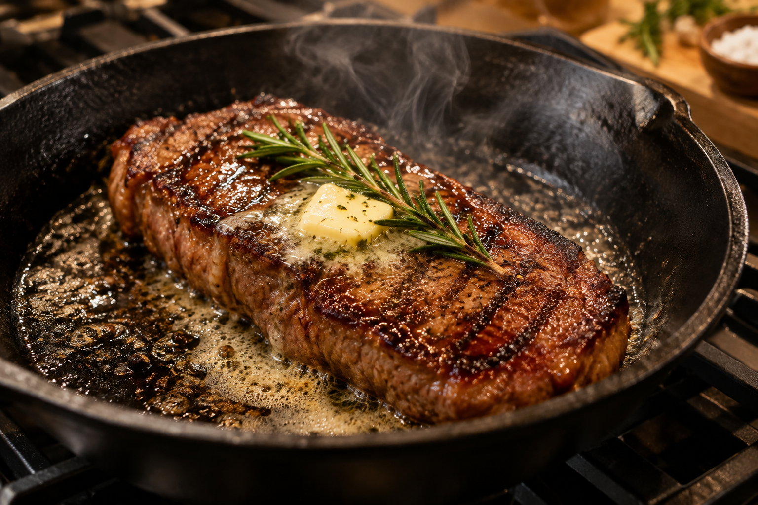 Seared teres major steak in a cast iron skillet with butter and rosemary