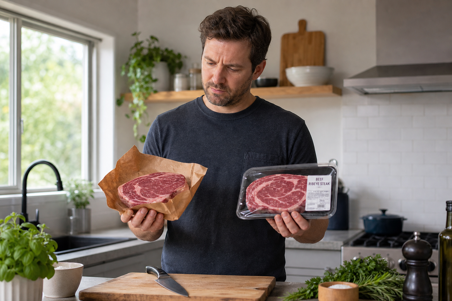 Is a Butcher Shop Worth the Extra Cost? 7 Person comparing two steaks, one from a butcher and one from a supermarket