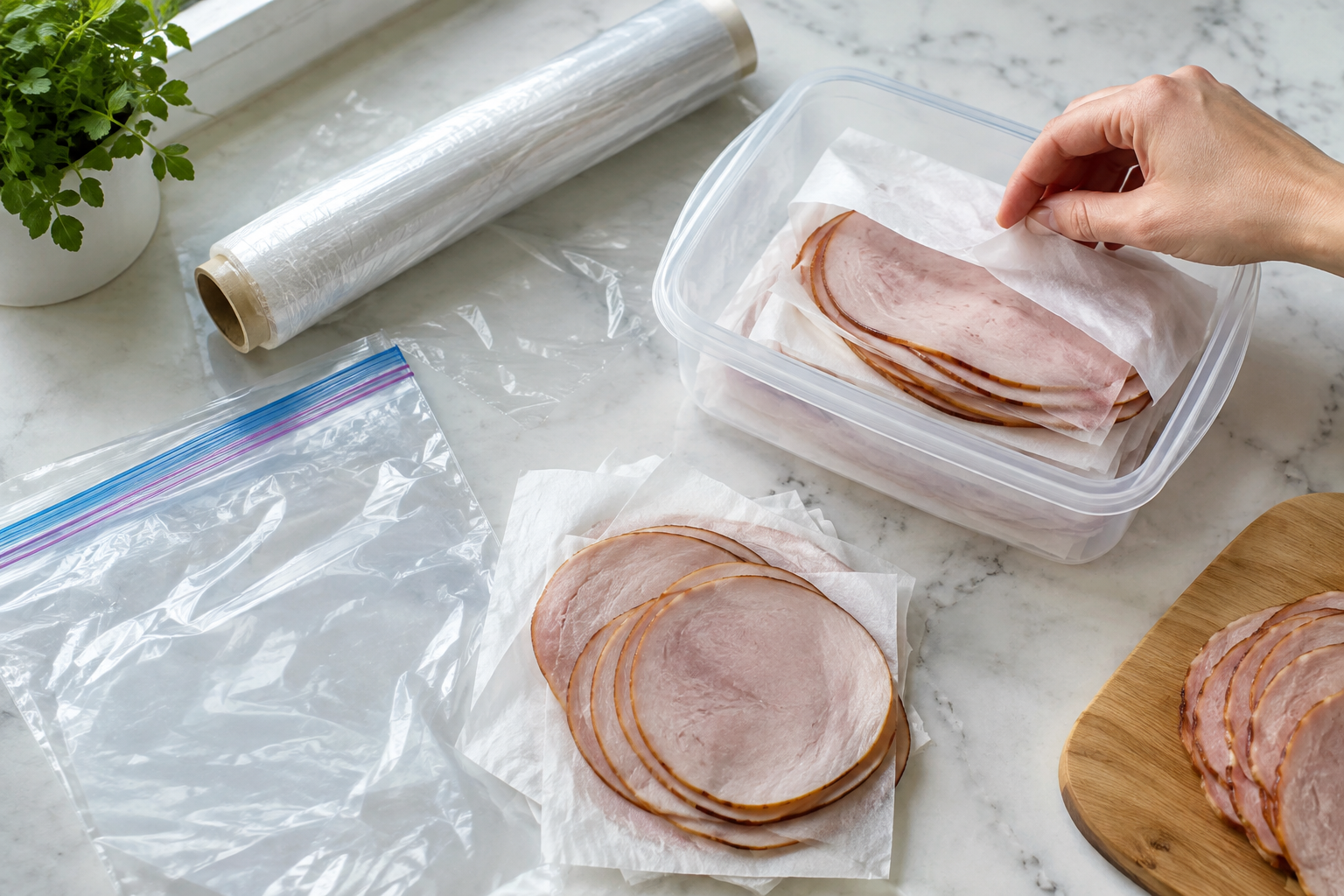 How Long Can Deli Meat Stay Open in the Fridge? 8 Deli meat being wrapped and stored in an airtight container for freshness