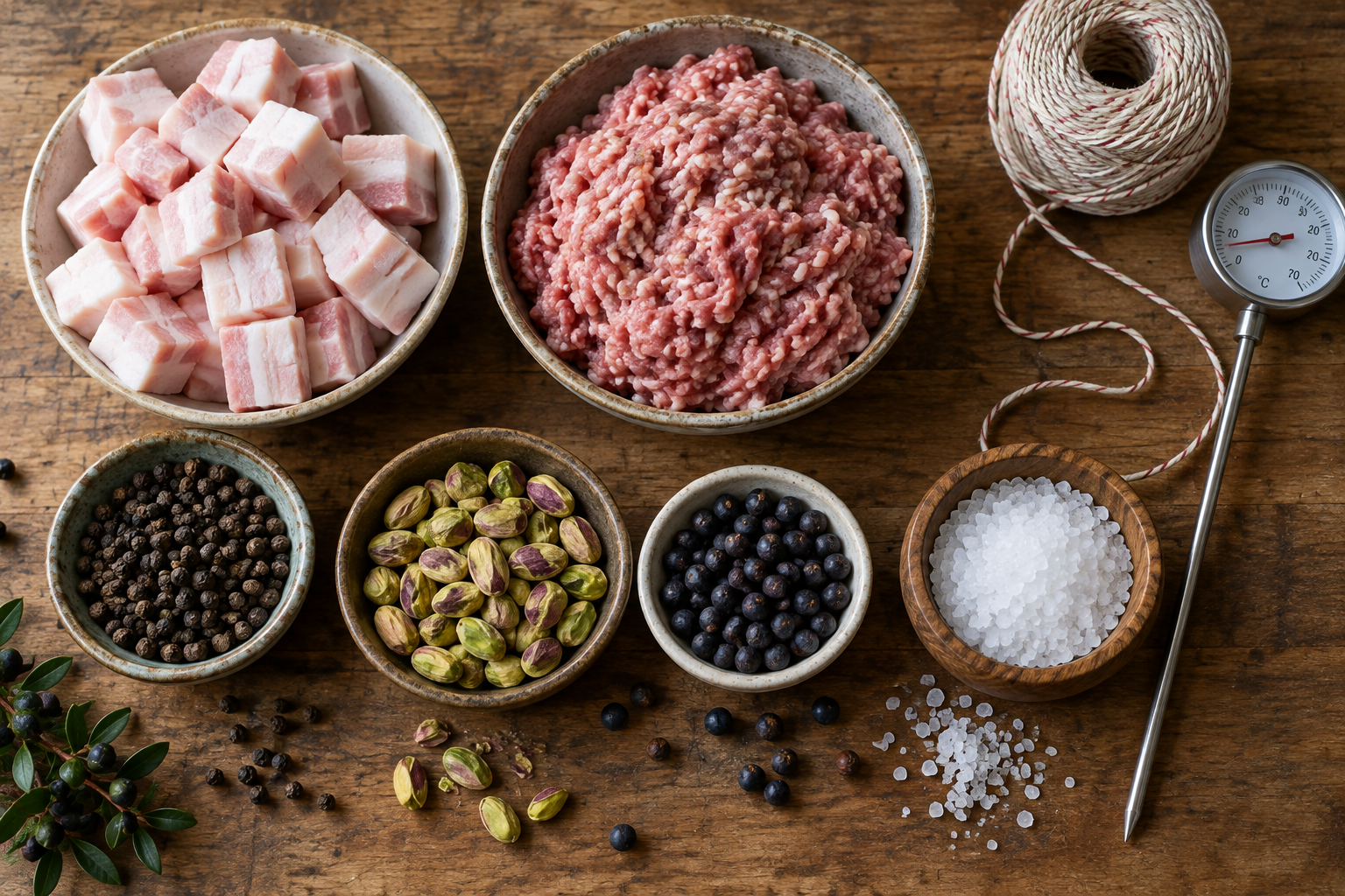 Overhead view of raw ingredients used for curing and preparing mortadella and bologna
