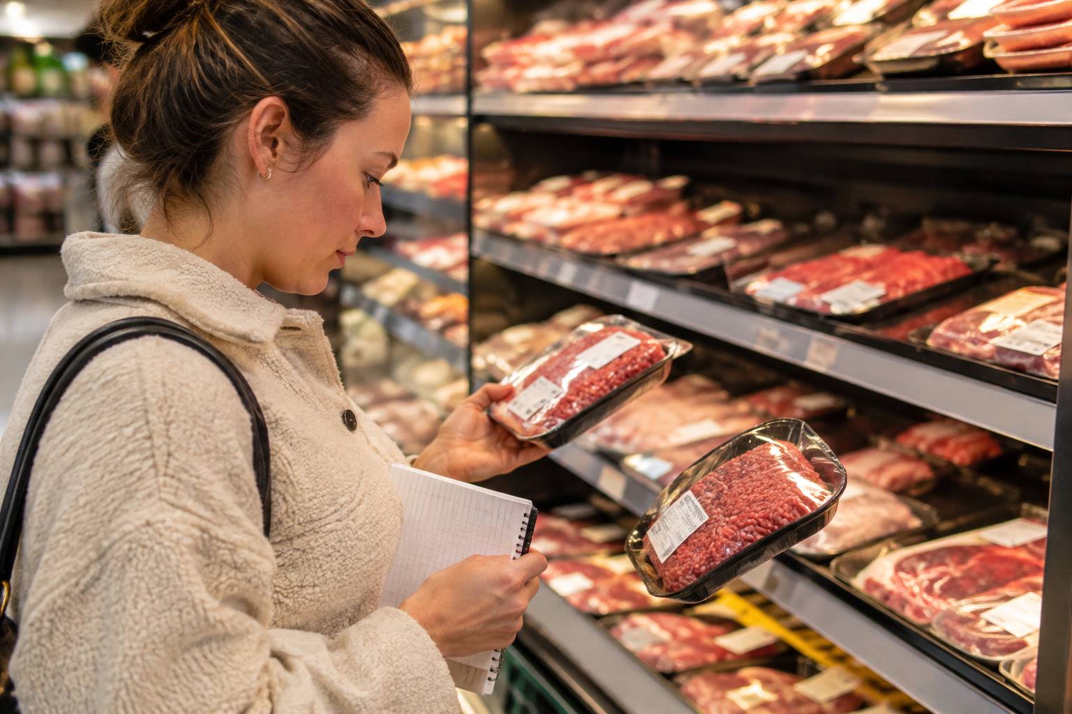 How to Tell Whether a Meat Sale Is Actually a Deal 9 Shopper comparing meat prices while noting local price trends in a grocery aisle