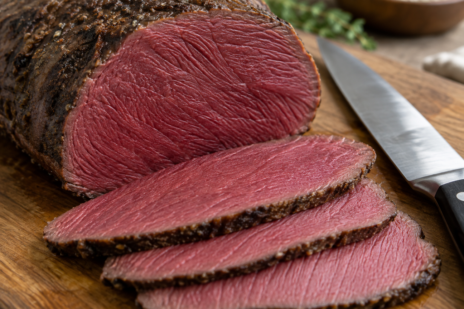 Eye of Round vs Sirloin Tip: Which Budget Roast Is Better? 7 Close-up of lean sliced eye of round roast showing minimal fat marbling