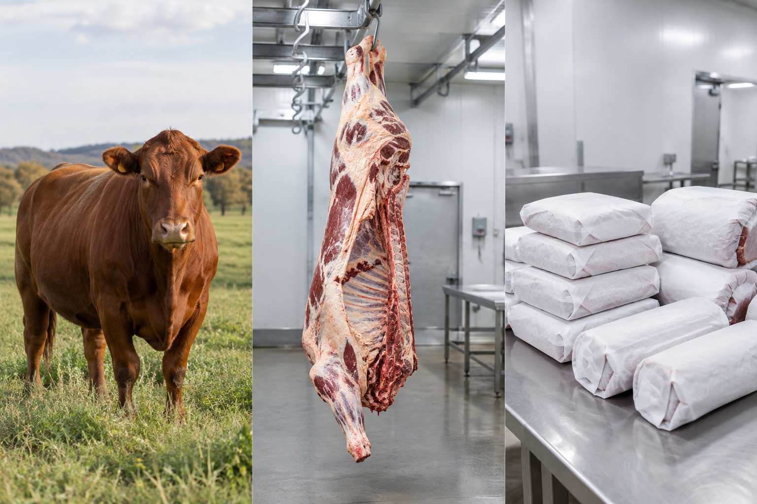 How Much Freezer Space Do You Need for a Half Cow? 5 Visual comparison of live cow, hanging carcass, and packaged beef cuts representing different weight stages