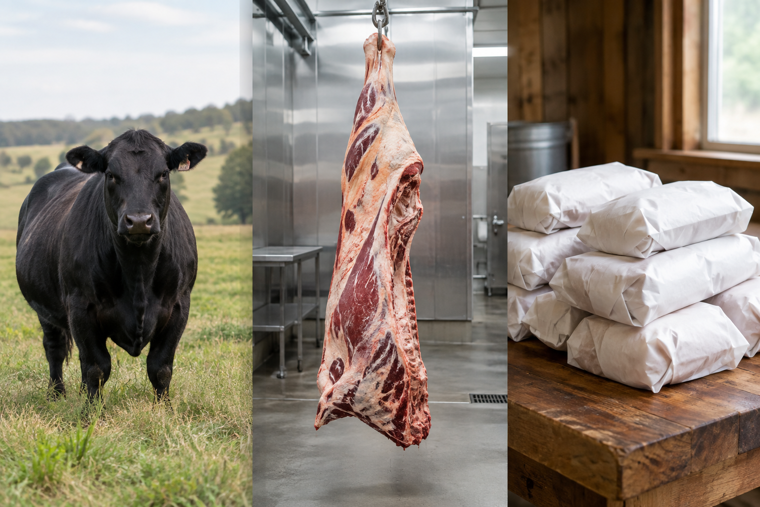 How Much Meat Do You Get From a Quarter Cow? Yield, Cuts, and Freezer Space 6 Visual comparison of live cow, hanging carcass, and packaged beef representing live, hanging, and take-home weight