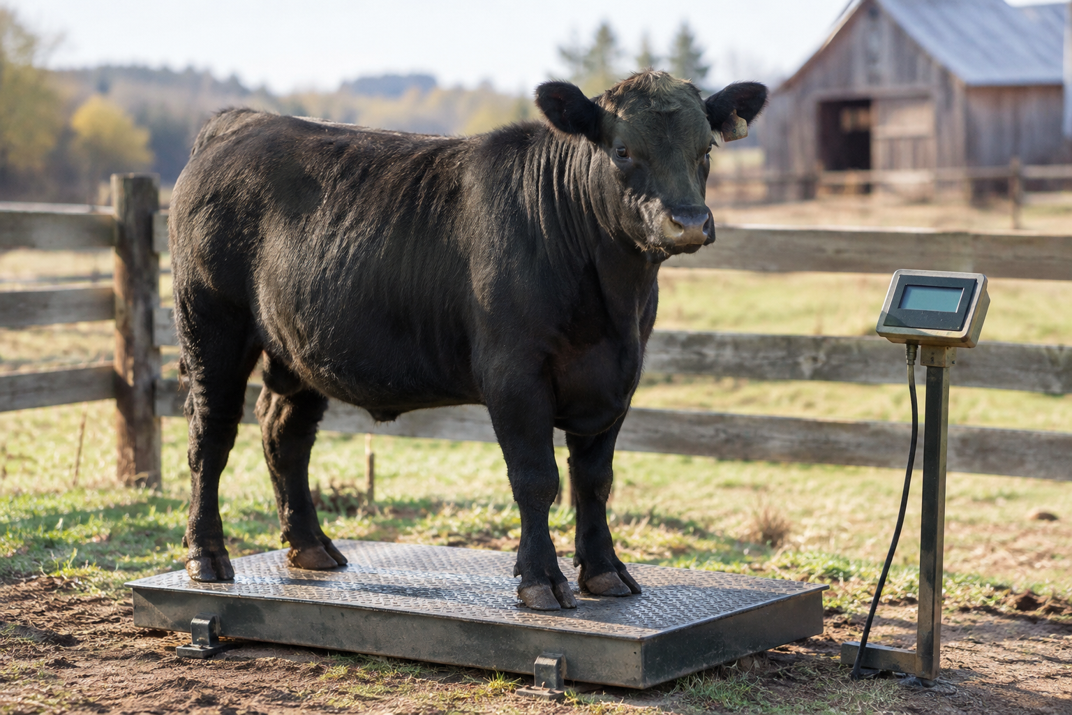Beef cattle standing on a livestock scale representing live weight measurement