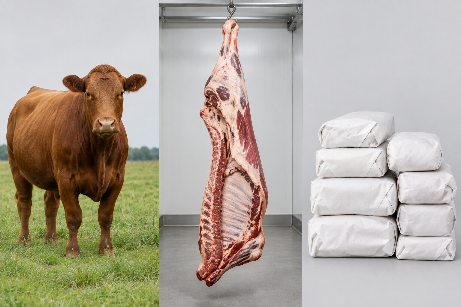 How Much Freezer Space Do You Need for a Whole Cow? 6 Visual comparison of live cow, hanging carcass, and packaged take-home beef