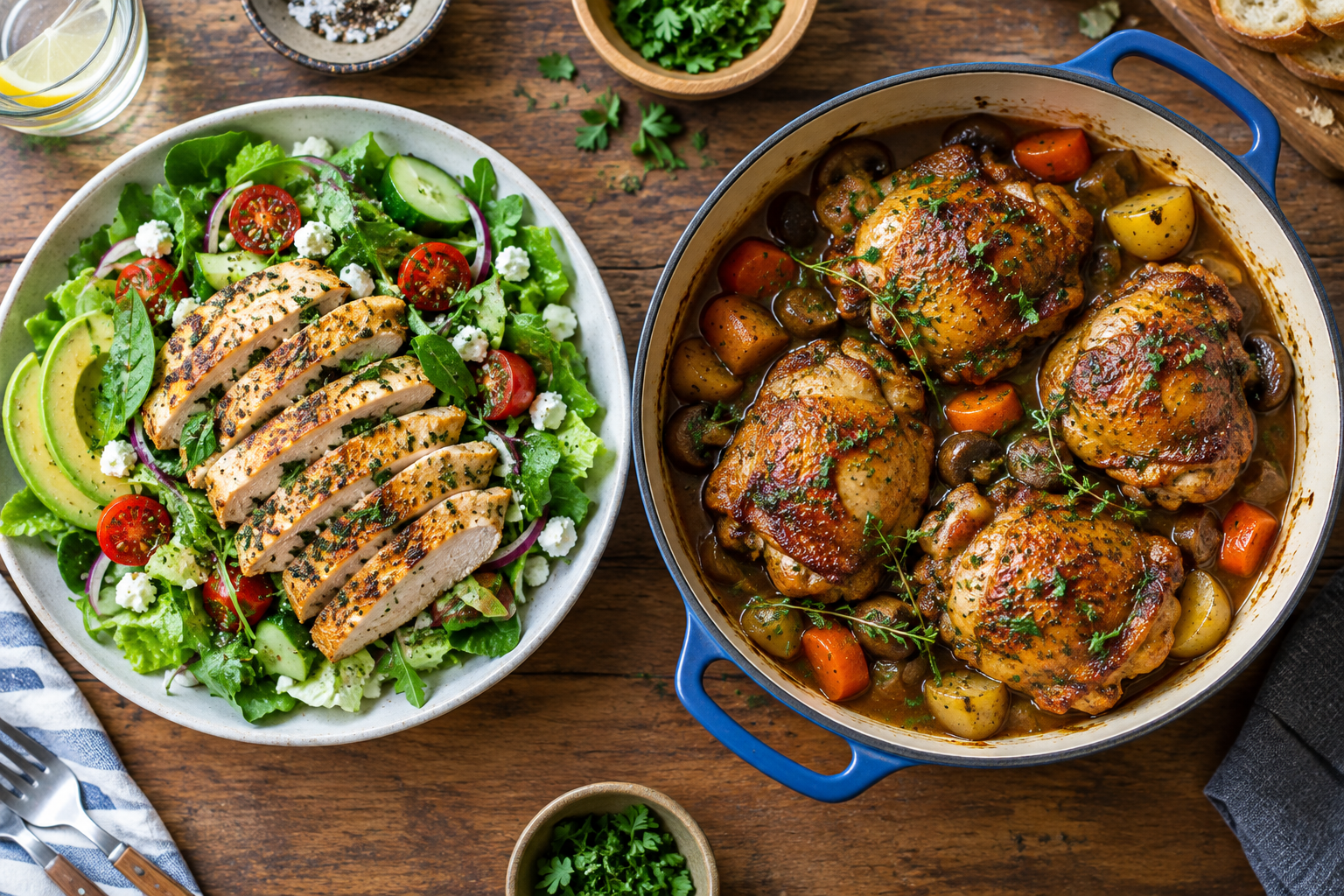 Grilled chicken breast salad next to braised chicken thighs dish
