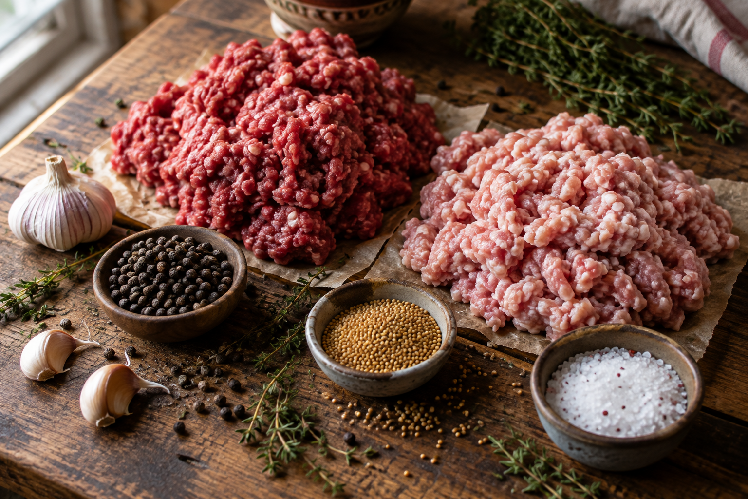 Raw ground meat and spices arranged on a wooden table for sausage making