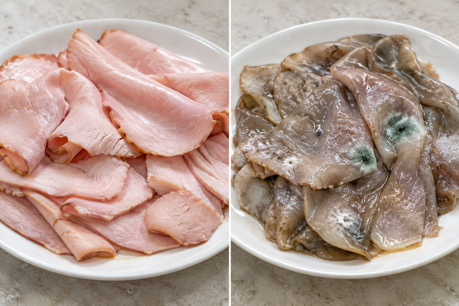 How Long Can Deli Meat Stay Open in the Fridge? 7 Comparison of fresh deli meat versus spoiled deli meat with mold and discoloration