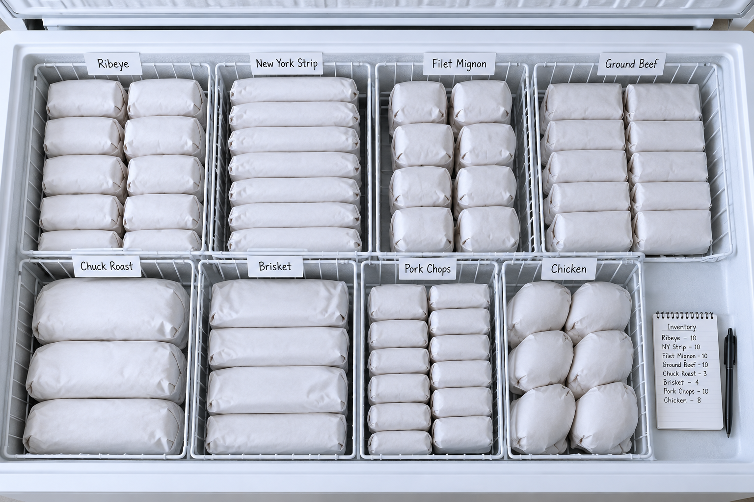 How Much Freezer Space Do You Need for a Quarter Cow? 9 Neatly organized freezer with beef cuts sorted into sections for easy access